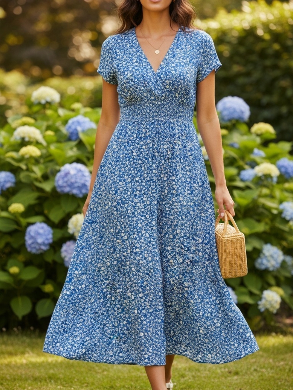 SHEIN Blue Floral Midi Dress with V-Neck